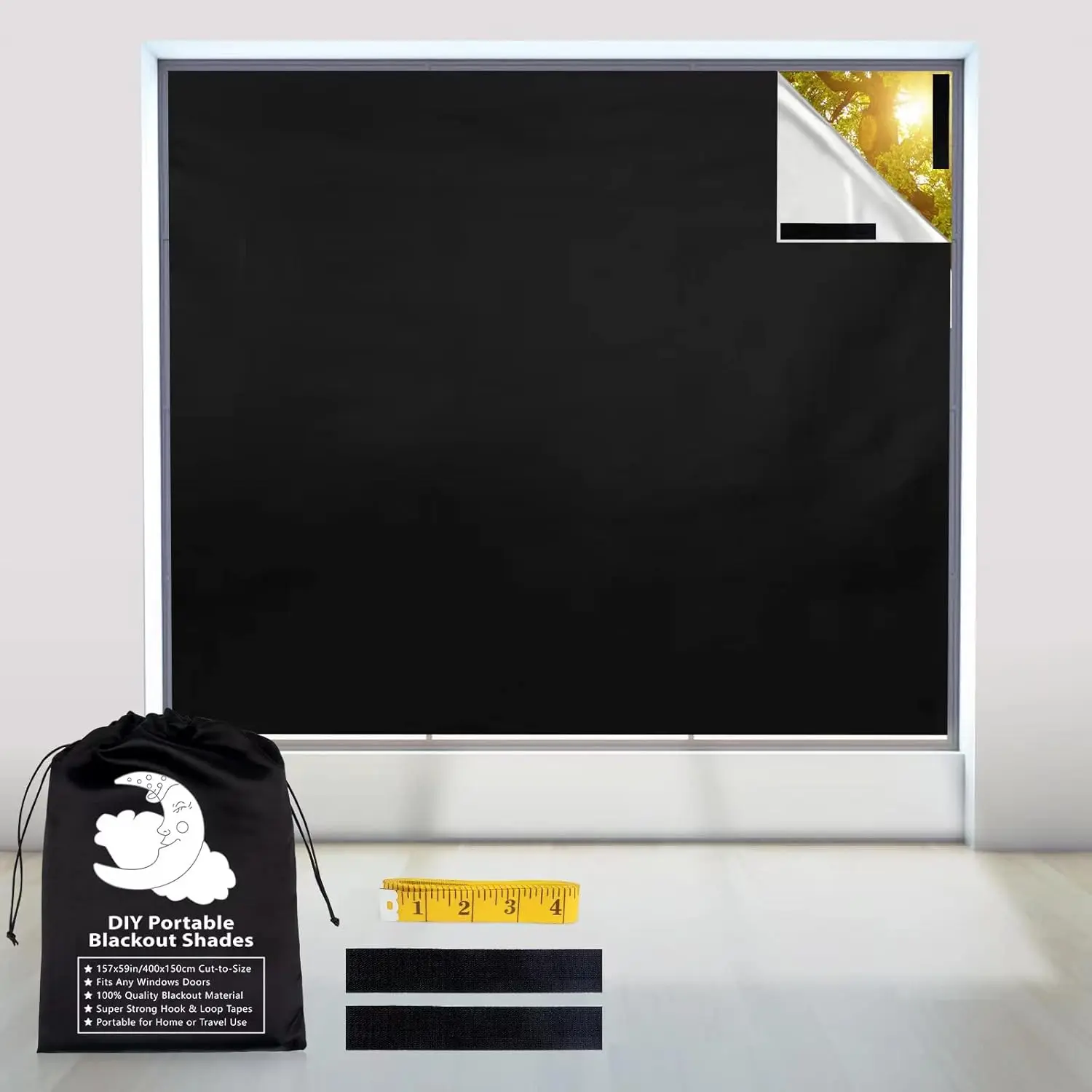 Blackout Curtains, 157" x 57" No Window Shades DIY, Velcro Black Out Window Cover, Temporary Blackout Blinds for Travel RV Car Bedroom
