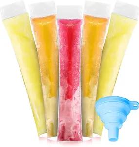 Disposable Ice Popsicle Mold Bags, 100 Pack 11.0"W x 2.2"H  Freezer Pop Bags with Zip Seals & Funnel for  Snacks Yogurt Sticks Juice & Fruit Smoothies