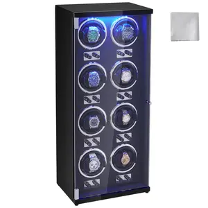 VEVOR Watch Winder,  Watch Winder for 8 Men's and Women's Automatic Watches, with 8 Super Quiet Japanese Mabuchi Motors, Blue LED Light and Adapter, High-Density Board Shell and Black PU