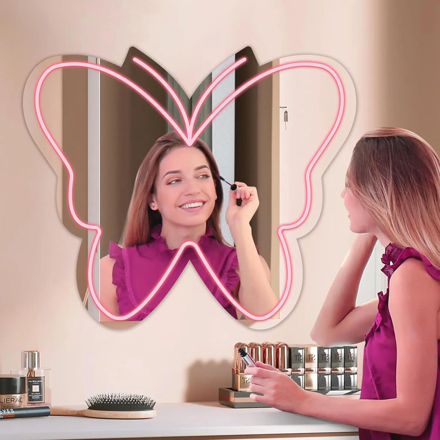 1PC Plastic Dimmable Cute Butterfly Neon Light Mirror - Durable Novelty Lighting, Wall Mount/Hanging Room Accessory, Girly House Accessory, Bathroom Decoration, Creative Gift for Teen Girls