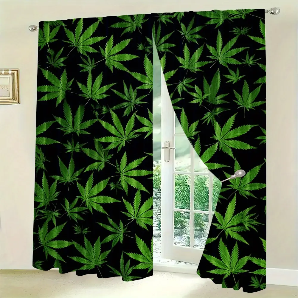 2-Pack Polyester Curtains with Cannabis Leaf Design, Pocket Top, Digital Print, Suitable Living Room, Bedroom, Home Office - Easy Care, Stylish Festival Decor Panels (Excludes)