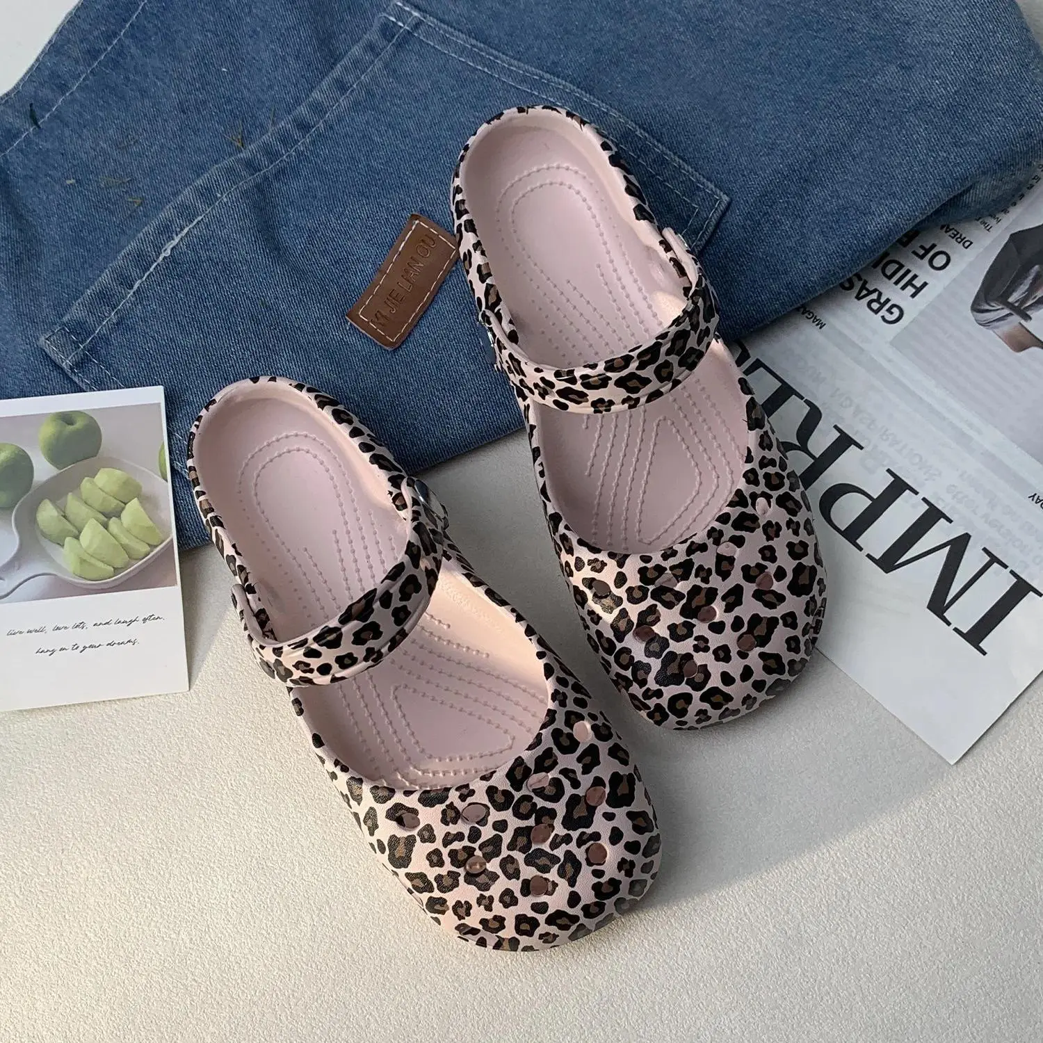 Pink Leopard Print Women Ballet Clogs Cute Sweet Non Slip Summer Parent Child Slippers Outdoor Hollow Beach Shoes