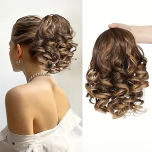 Short Roman Curl Drawstring Ponytail | Brown to Blonde Highlighted Synthetic Ponytail | Easy Install Voluminous Ponytail