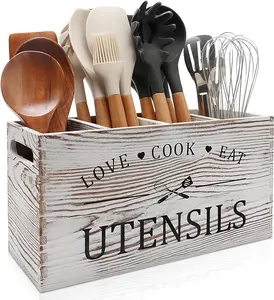 Rustic White Wooden Utensil Holder, Extra Large Farmhouse Utensil Crock for Kitchen Counter, Silverware Caddy & Cooking Tools Organizer