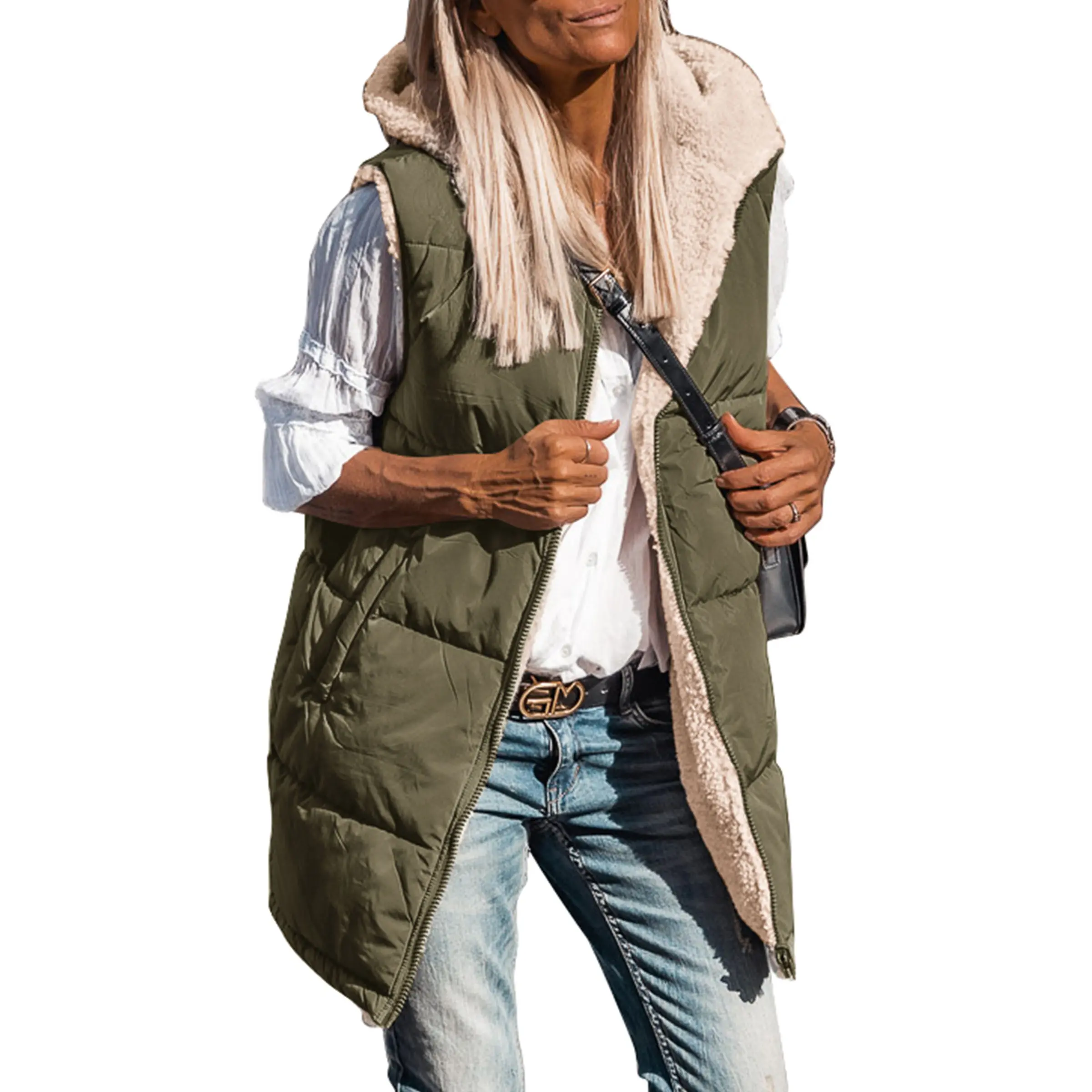 PRETTYGARDEN Women's Army Green Reversible Fleece Vest with Pockets & Hood Zip Up Long Outerwear Coats Machine Washable Minimalist Tops