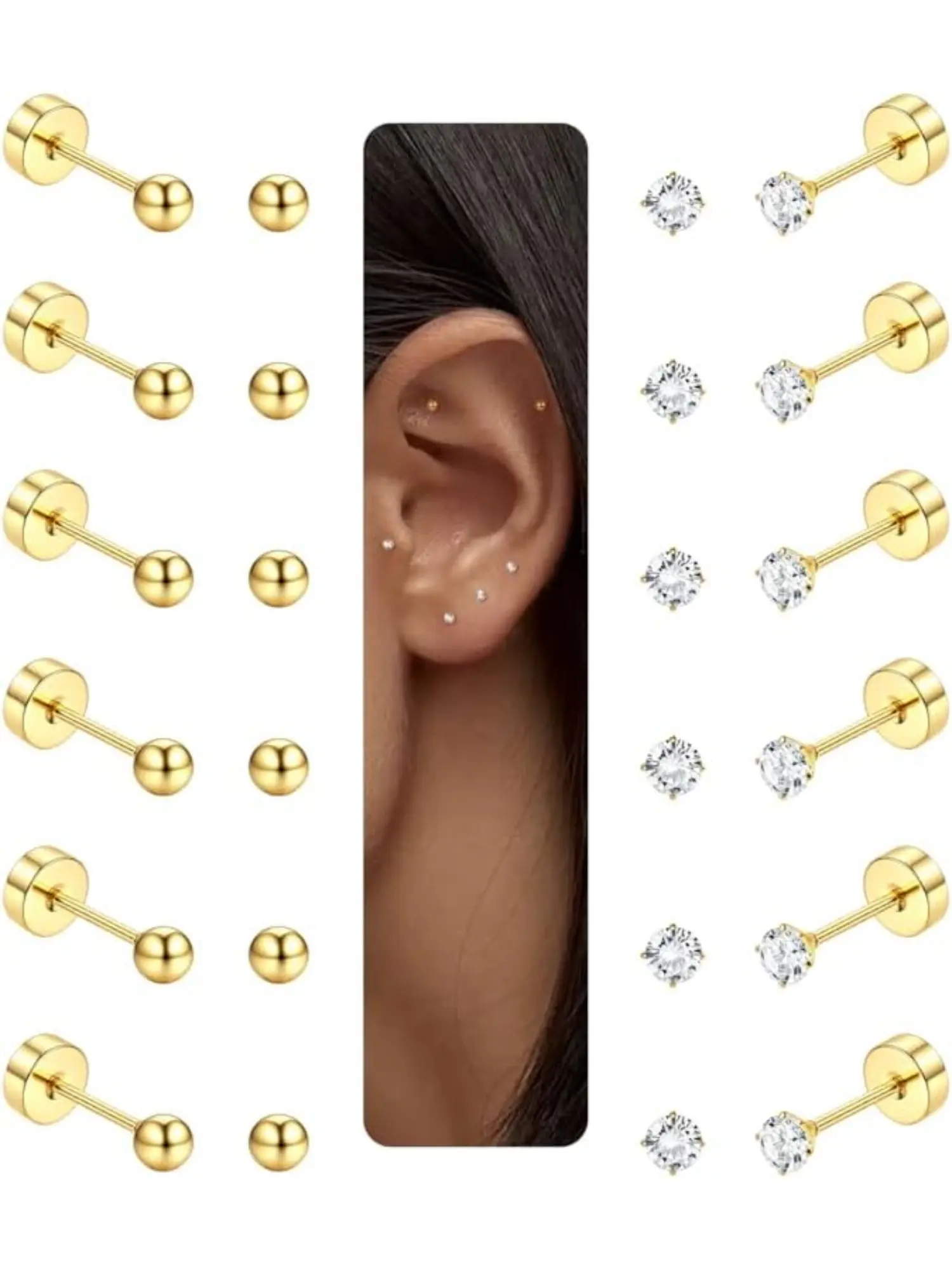 12 Pairs 2MM Stud Earrings for Women Men Girls 14K Gold Plated 316L Surgical Steel Cartilage Piercing Tiny Stud Earrings 20G Clear CZ Round Ball Screw Flatback Earring Set Stud Earrings Jewelry Studs Earrings