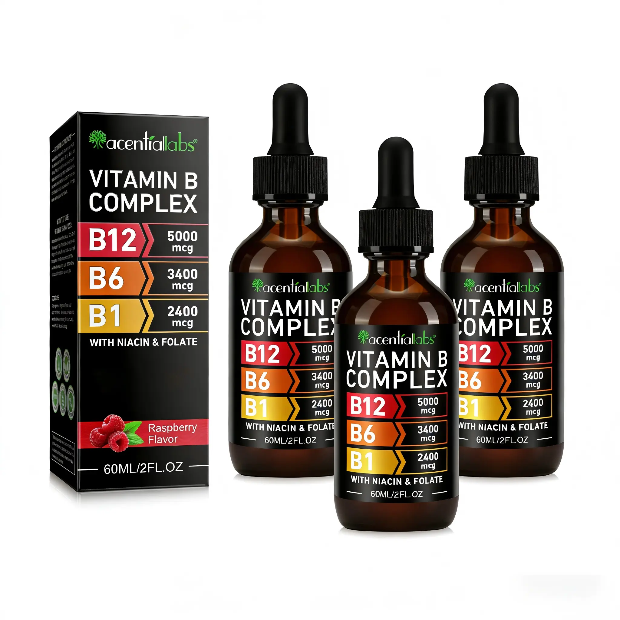AcentiaLabs Vitamin B12 Complex Liquid Drops 60ml, 3 PACK, Energy Booster Supplement, Natural Energy Support, B12 5000mcg Sublingual sohochic