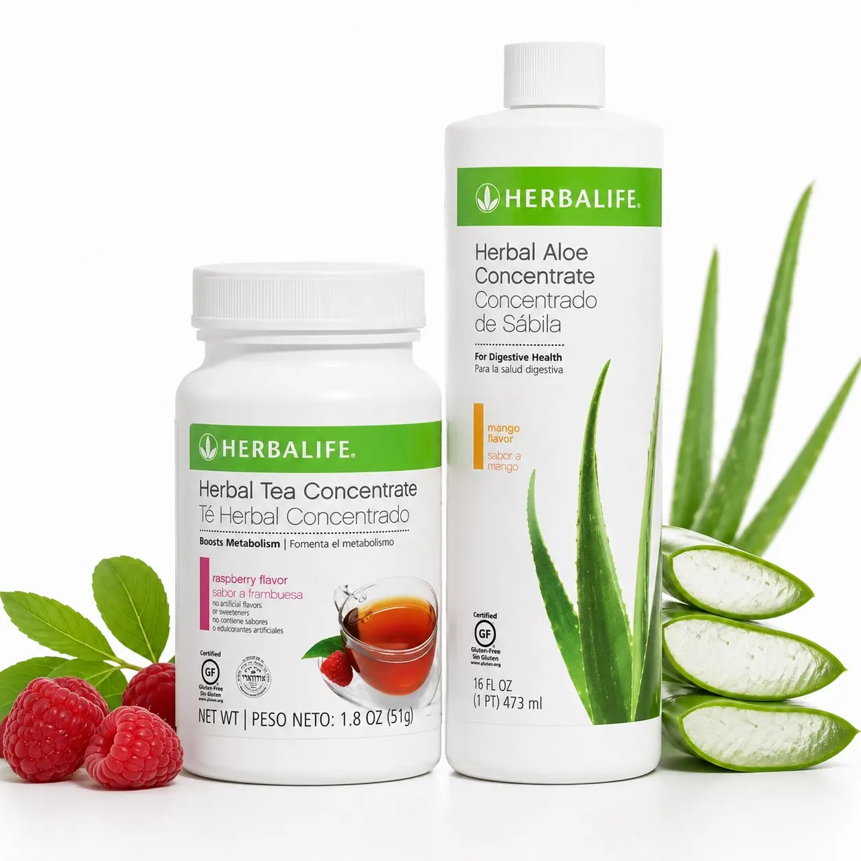 Herbalife Raspberry Tea Powder Concentrate & Mango Aloe Beverage Bundle Pack, Maltodextrin-Infused Adult Drinks with Tea Extract, Everyday Quick-Mix Concentrate with Mix-and-Go Ease, 1.8 Oz