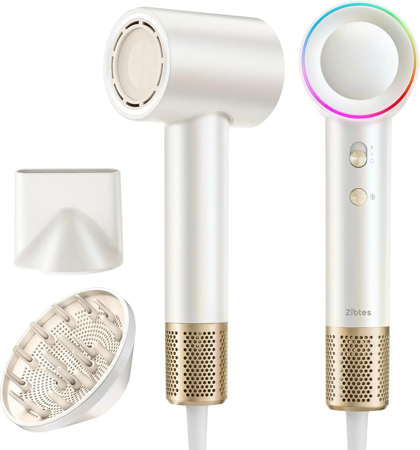 Zibtes High-Speed Hair Dryer with Diffuser, Ionic Blow Dryer (White) | 160000 RPM Fast Drying, 500M Ions Eliminate Frizz & Damage, Boost Shine, 2 Magnetic Attachments for All Hair Types, Low-Noise