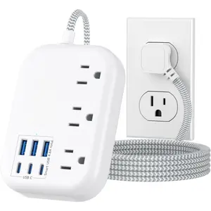 6 USB(3 USB C) Power Strip- Travel Power Strip with 6 USB Desktop  Station 24W/4.8A and 3 Outlets, 5Ft Flat Plug Braided Extension Cord, Non Surge Protector for Cruise Ship Travel Office Dorm