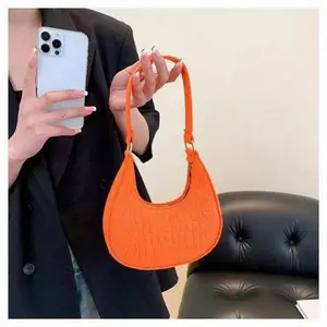 Vivid Orange Croc Embossed Mini Underarm Bag 1Pc Retro Crescent Zipper Shoulder Handbag For Ladies Travel Shopping Street Summer Fashion Style