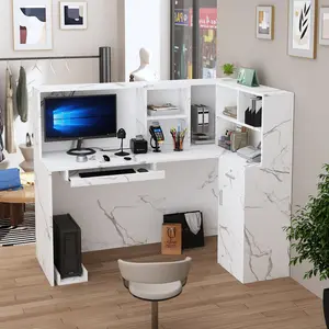 FUFU&GAGA Modern Reception Desk Counter Table, L-Shap Reception Room Front Desk with Lockable Drawer & Open Shelves Furniture Storage