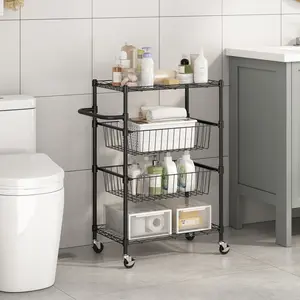 4-Tier Heavy Duty Metal Kitchen Utility Cart, Removable Wire Baskets, Handlebar,110 Lbs Capacity Storage, Trolley Serving for Restaurant, Kitchens, Warehouses, Garages