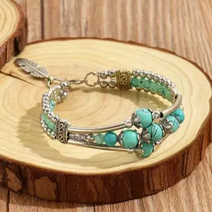 Boho Turquoise Stone Bracelet with Leaf Charm Multi-Layer Adjustable Silver Plated Beaded Bangle Western Cowgirl Jewelry Vintage Turquoise Beaded Bracelet for Women Ideal Gift for Her on Birthday Anniversary