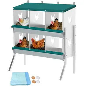 Large Metal Chicken Nesting Boxes for Hens, 6 Compartment Galvanized Steel Nesting Box with leg, Includes 4 Fake Eggs & 10 Soft Nest Pads Pads, Wall Mount or Freestanding for Coop & Farm,Green