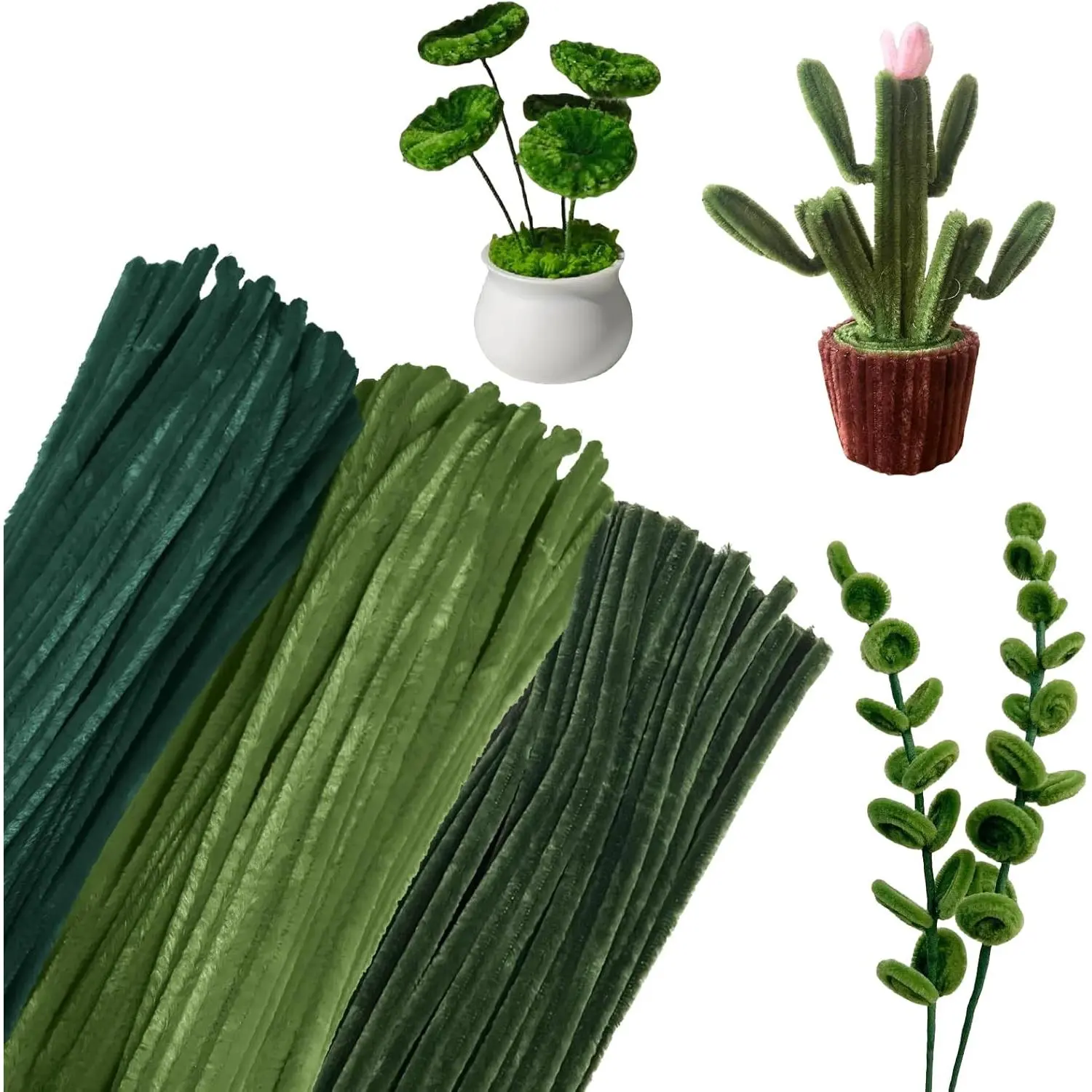 Unisex Synthetic Chenille Sticks Craft Bulk - 300 Count, 3 Green Colors, 30 cm Fuzzy Wire, Easy-to-Use for Crafting, Family Activities, Christmas Decorations