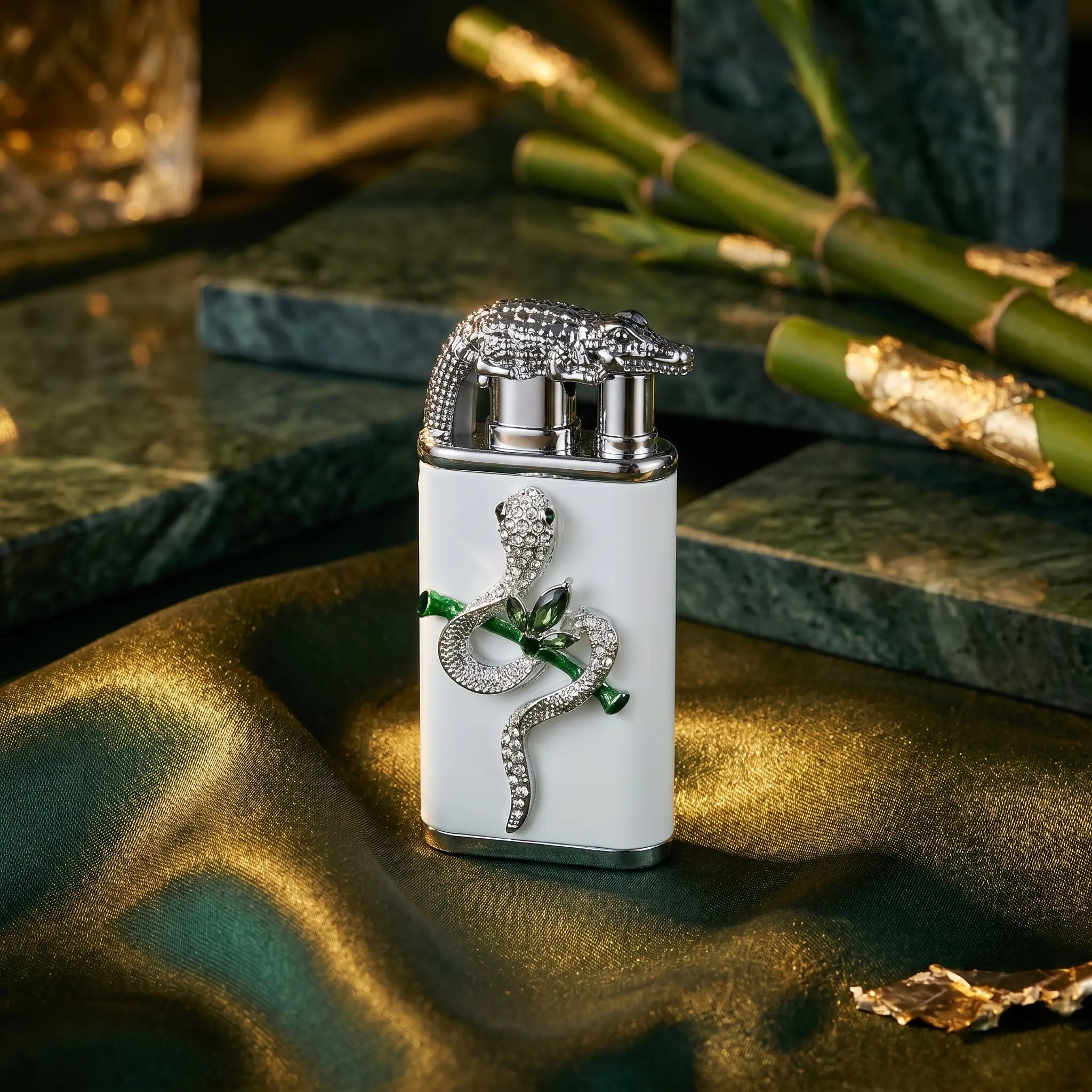 Gothic 3D Snake & Crocodile Dual Flame Lighter ( No Butane Included )- Silver Jeweled Serpent Windproof Jet Torch Refillable Christmas Valentine's Day Gifts for Him Boyfriend Cool White Pocket Gadget Unique Birthday Sparkly Accessories