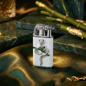 Gothic 3D Snake & Crocodile Dual Flame Lighter ( No Butane Included )- Silver Jeweled Serpent Windproof Jet Torch Refillable Christmas Valentine's Day Gifts for Him Boyfriend Cool White Pocket Gadget Unique Birthday Sparkly Accessories