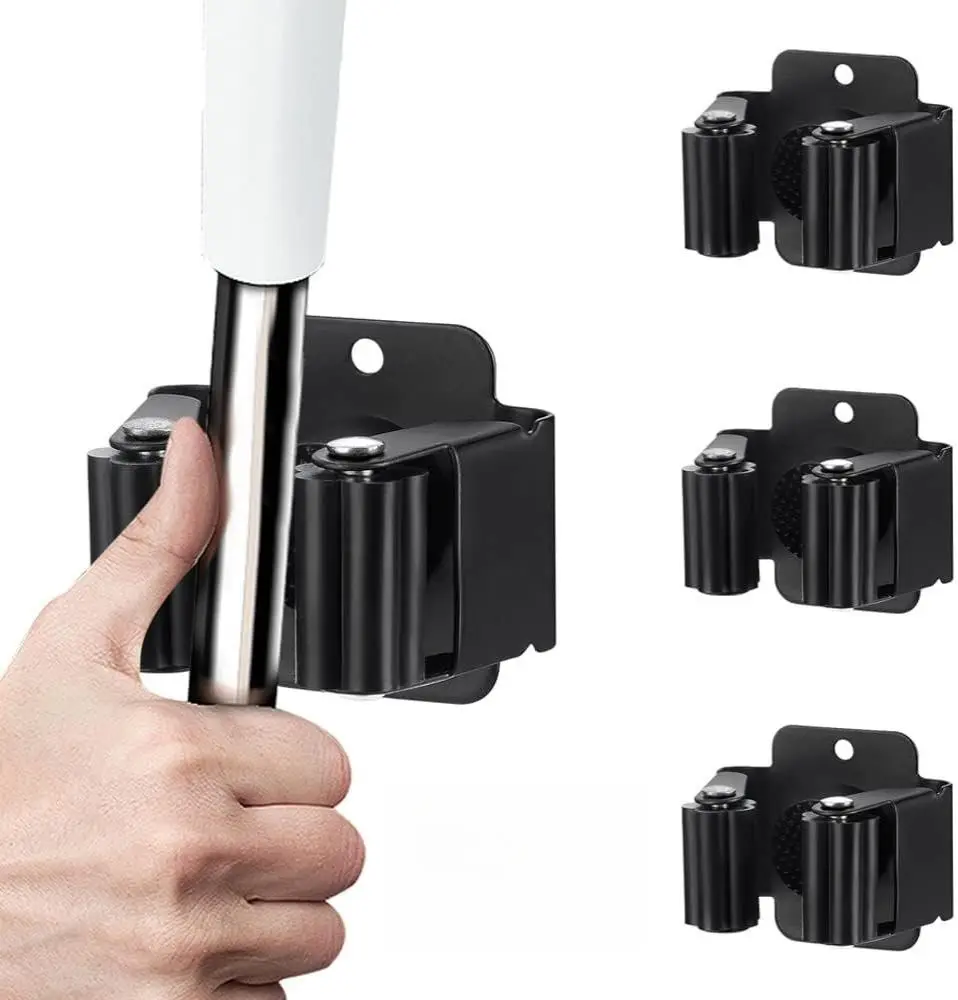 3PCS Heavy Duty Stainless Steel Wall-Mounted Broom and Mop Holder Set, Drill-Mount Auto-Adjust Universal Utility Rack with Screws, Matte Black Home Organizer for 10-15 Kg Garden/Kitchen Handles with Wet/Dirty Grip