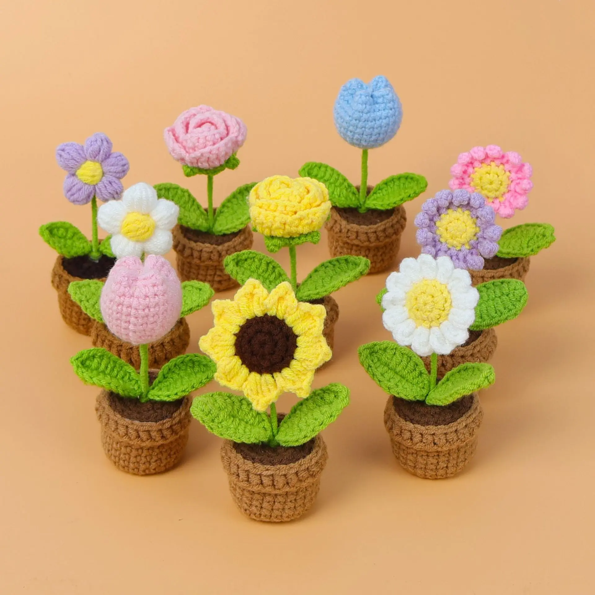 Whimsical Mini Floral Decoration Set - Hand-Woven Sunflower Yarn Small Potted Finished Product, Tulip Rose Artificial Bouquet, Nature Plants Desktop Home Decor Gifts
