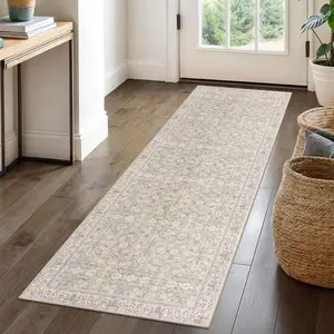 2x6 Washable Runner Rug for Hallways, Cream Beige White Grey Soft Neutral Vintage Rugs with Non-Slip, Non-Shedding Distressed Floral Rug for Bedroom Porch Laundry Entryway