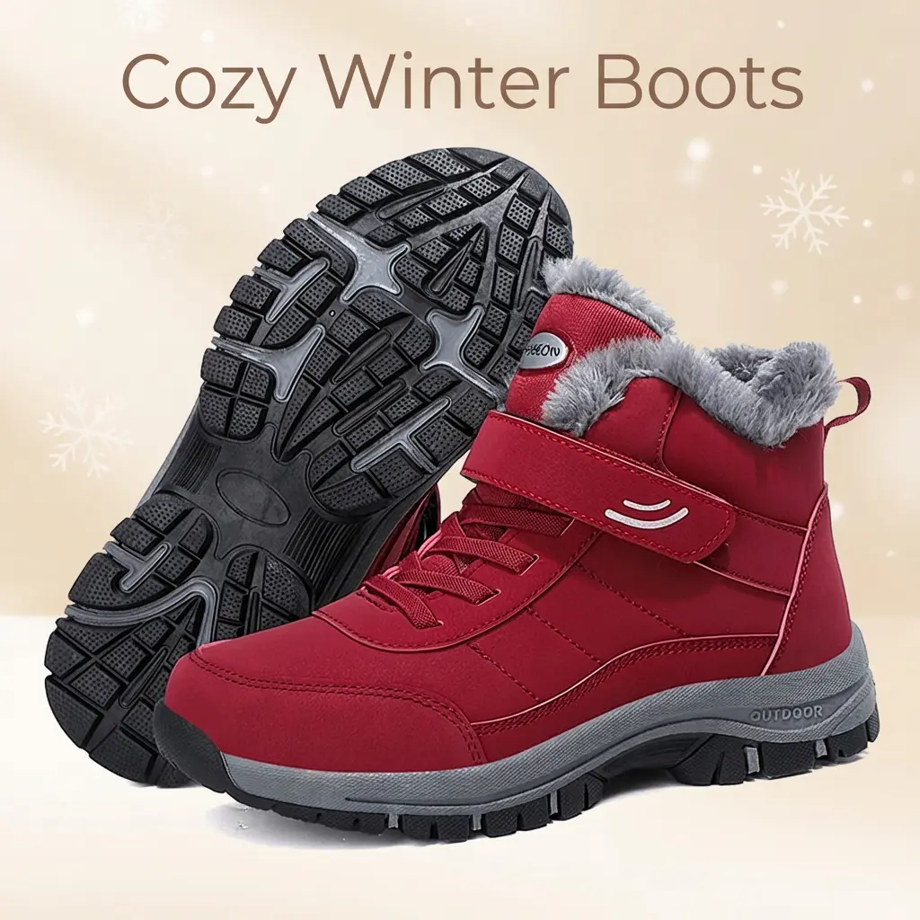 Wine Red Winter Snow Boots for Women - Fashion Outdoor Winter Boots with Gray Fur Lining Outdoor portable laceless hiking Footwear Walking Shoes Girl winter thermal zapatos  coquette ice boot Stylish Bota