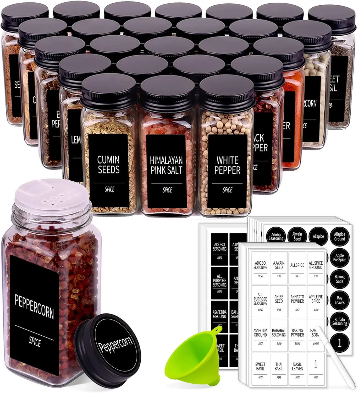 [New Deal] 25 Spice Jars with 547 Labels - Glass Spice Jars with Black Metal Caps, 4oz Empty Spice Containers , Funnel & Chalk Pen Included Flavor Set