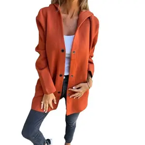 AutumnandWinterSolidColorCasualSingle-BreastedHoodedJacketCoatWomenswearSweatshirtsthunderjacketblazerwomenoutfitsnopejeanjacket Tops Outerwear