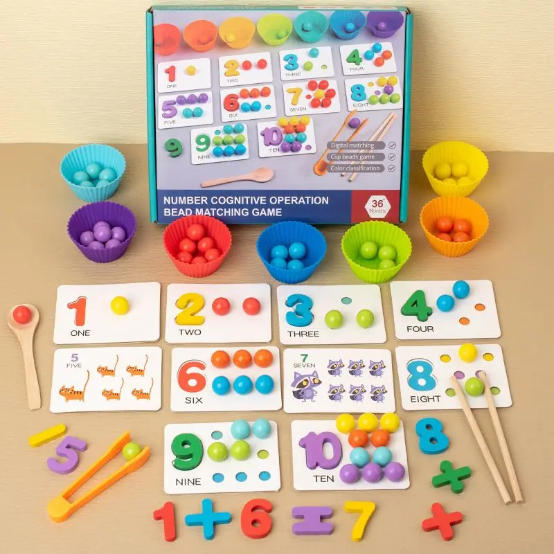Montessori Arithmetic Math Toy Set, Beads, Chopsticks & Spoons, Silicone Digital Learning with Beads, Number Crunching Clip Bead Matching, Montessori Math Beads Counting Toy,Summervibes