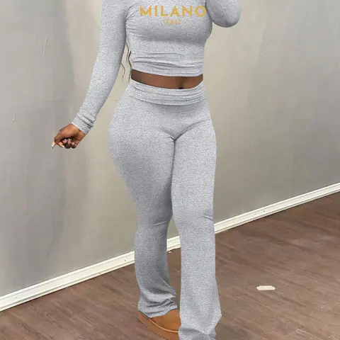Women's Letter Print Crop Tee & Plain Flare Leg Pants Two-piece Set, Casual Fashion Lady Round Neck Long Sleeve Top & Bell Bottom Trousers for Daily Outdoor Wear, Womenswear Clothes for Fall & Winter