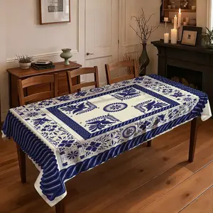 1 piece of 2D flat printed tablecloth  Talavera Style Blue and White Floral Tablecloth, Vintage Mexican Pattern Table Cover for Dining Room Kitchen Decor Picnic Table Cover