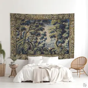 Verdure tapestry wall hanging, Greenery wall art, Antique French decor printed on COTTON fabric, Medieval reenactment Synthetic Smooth