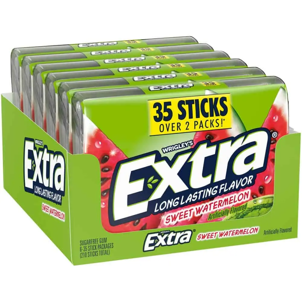 Extra Sugar-Free Watermelon Chewing Gum - Compact, Intense Sweet Flavor, Youth-Friendly On-the-Go Snack, 35 Sticks per Pack, 6-Pack Set, Healthier Choice