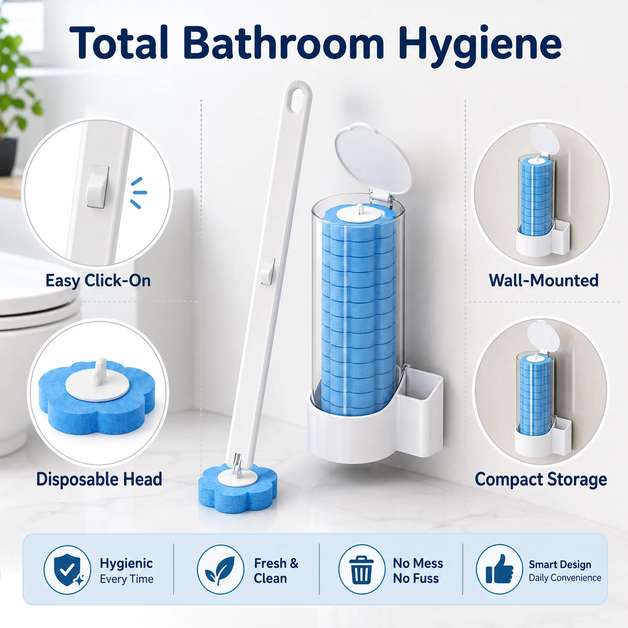 Durable Plastic Disposable Wand Set with 18 & 36 Toilet Wand Refills, Adhesive Wall-Mounted Storage Caddy, Included Brush – Bathroom Sanitary Cleaning System (Toilet Brush & Plungers Category)