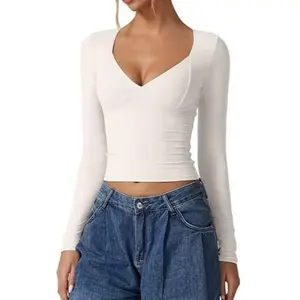V Neck Tops for Women Long Sleeve Crop Tops Double Lined Seamed Cup T Shirts