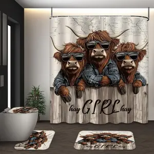 LVRLVR 4Pcs Highland Cow Sunglasses Funny Print Western Rustic Farmhouse Multi-Color Bathroom Shower Curtain Set 70.8×70.8 Inch