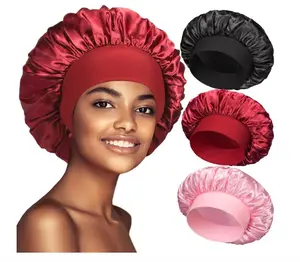 Satin Bonnet 3 Pack Night Sleep Caps with Wide Elastic Band Silk Wrap Soft Head Cover Sleeping Hat for Women Girls Hair One Size Fit Shower Heatless Haircare