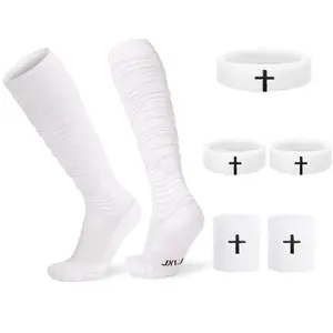 Rugby Football High Socks Arm Bicep Bands Wrist Sweatbands Set Scrunch Extra Long Socks Thick Cotton Wristband for Sports Youth Adult