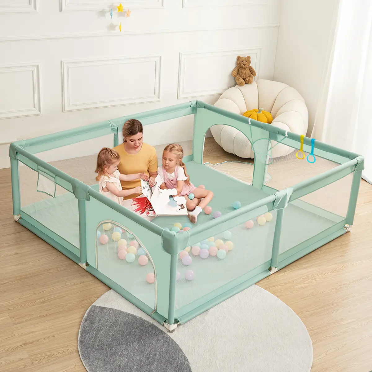 CAVEEN Baby Playpen, 71" x 59" x 27" Extra Large Playard, Portable Soft Mesh Sturdy Pipe Ample Space for abies and Toddler, Safe and Non-Slip Baby Fence, Full Mesh Design, Indoor & Outdoor Kids Activity Center, Green