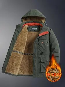 Men's Fleece Lined Hooded Work Jacket - Heavyweight 100% Polyester Winter Coat with Large Pockets, Ribbed Cuffs & Waistband, Machine Washable Casual Outdoor Fall/Winter Jacket, Winter Coat Cotton Fashion