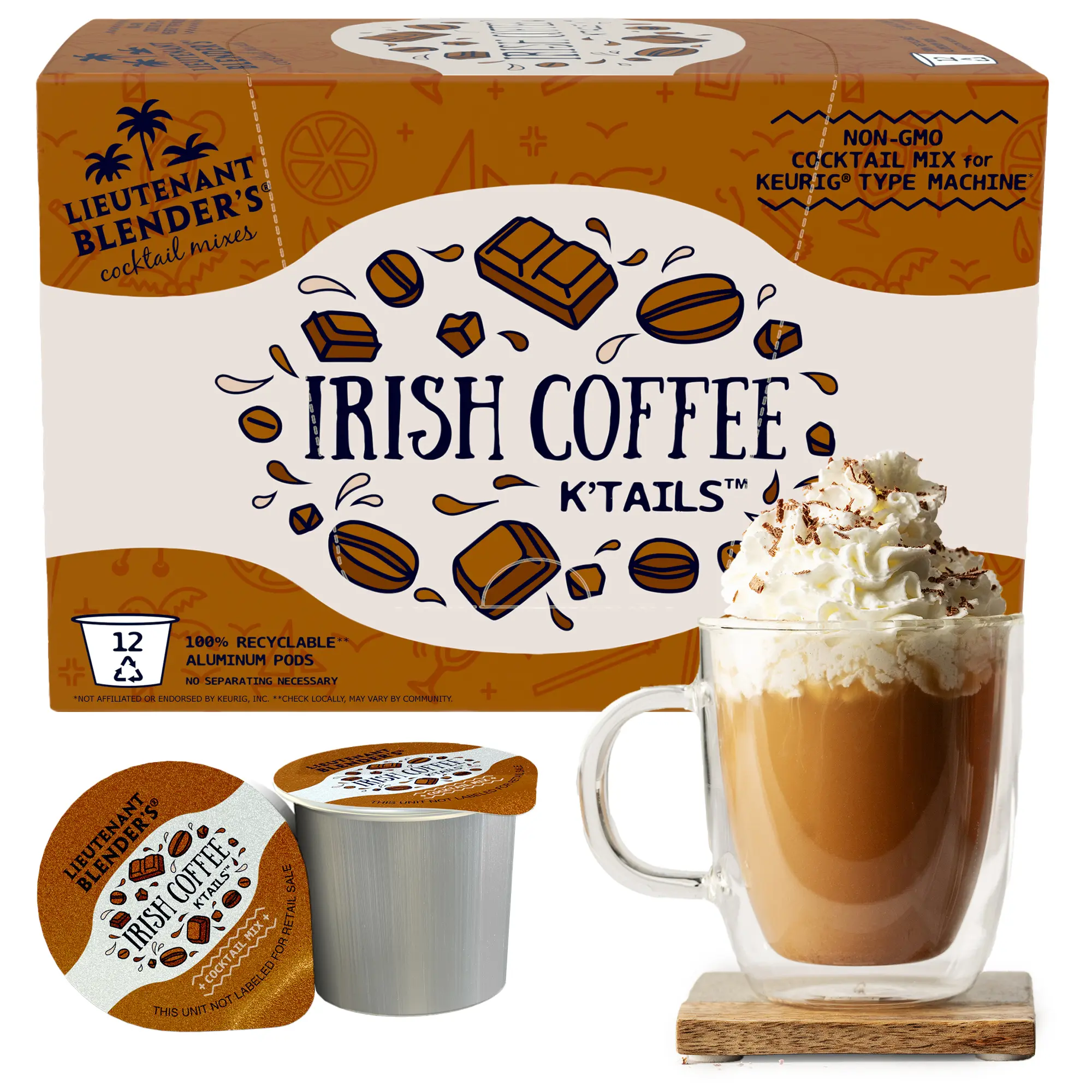 Lt. Blender's Irish Coffee K'Tails Single Pod Drink Mix - Cocktail or Mocktail Mix -  K-Cup Compatible or Mix by Hand - Gluten Free - 12ct Pack