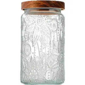Vintage 33.8oz Glass Canister Storage Jar, Airtight Wooden Lid, Borosilicate Glass, Ideal for Kitchen Counter & Pantry, Perfect for Coffee & Sugar