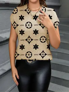 Geometric Letter Print Round Neck Fitted Sweater, Casual Short Sleeve Knitwear for Spring Summer Fall, Comfortable Warm Women's Clothing Tops