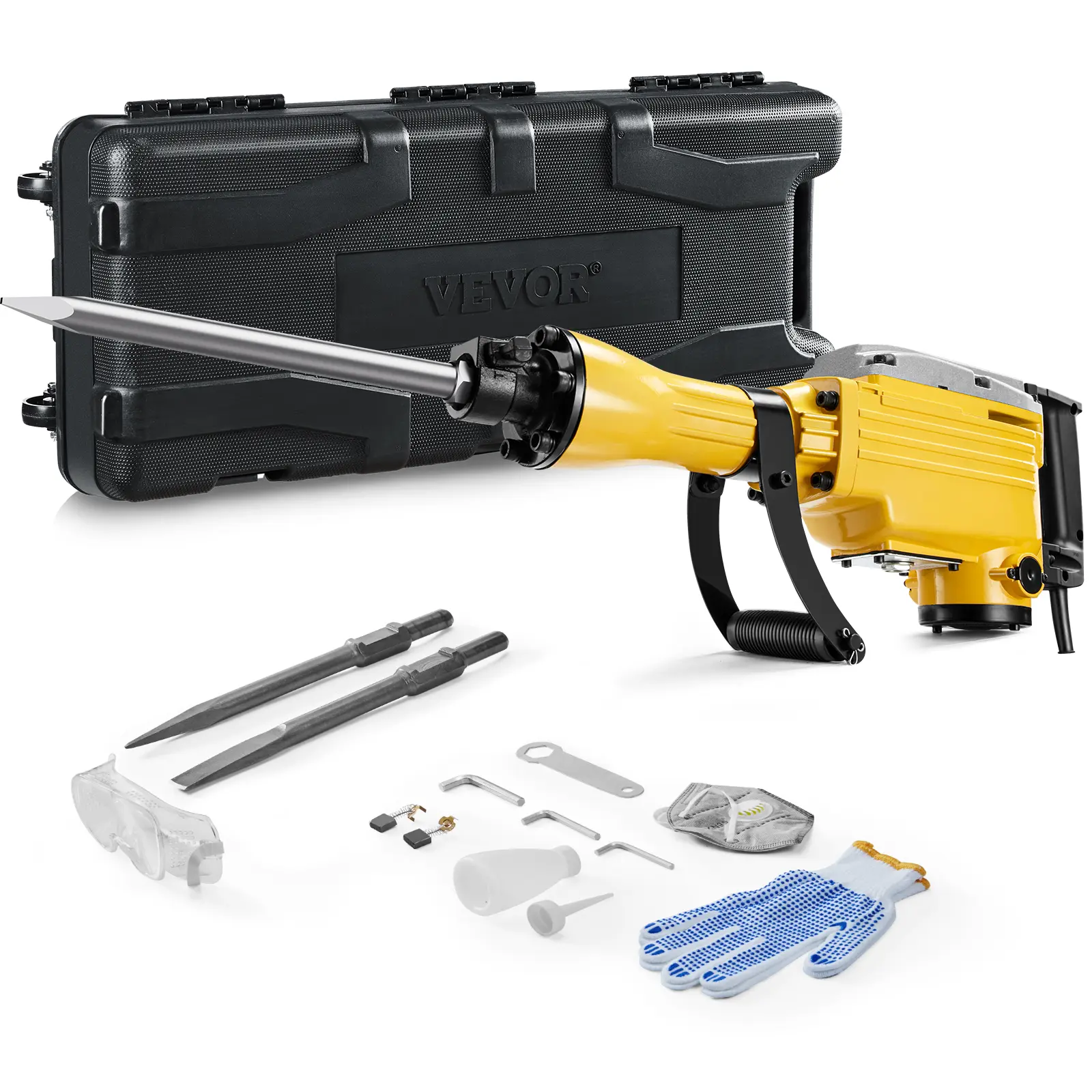 VEVOR 2200W Corded Electric Demolition Jack Hammer Tool Kit, Heavy-Duty 66j Impact Concrete Breaker Power Tool with 360° Rotary Handle, Cooling System, 2 Chisel Bits, Aluminum Body, Storage Case, Gloves, Goggles (1350 BPM), Power Tools