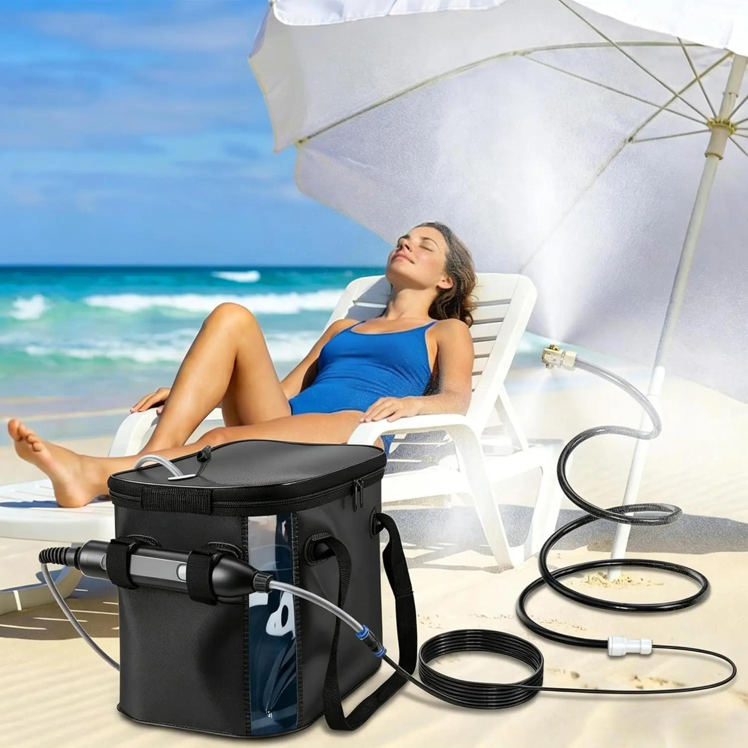 YoungSa Portable Outdoor Backyard Misting Systems/Cooling Standing Misters for Outside Patio | 4500Mah Water Pump,20L Bucket, 9.8FT Hose & 8.2FT Cobra Mist Stand, Beach/Umbrella/Poultry/Golf Cart/Camping