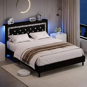 Bed Frame With LED Lights, Queen Bed Frame With Storage And  Diamond Tufted Headboard, Wooden Slats Support, No Box Spring Needed, Easy Assembly, Bedroom Deccor, Bedroom Furniture, Twin/ Full/ Queen/ King, White/ Pink / Black (USB LED Strip)