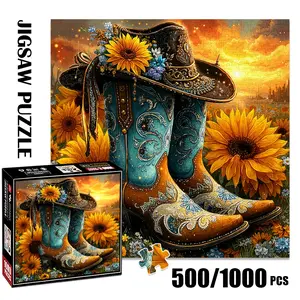 1pc 1000 piece adult puzzle 58x58cm Embroidered Cowboy Boots and Embellished Hat with Sunflowers 500 pieces of paper puzzle, suitable for adults and families, large-scale DIY puzzle interactive toy