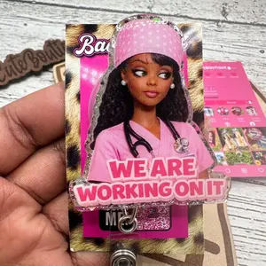 We are working on it Glitter Acrylic Badge Reel: Healthcare ID Clip