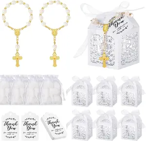 100Pcs Baptism Favors Set Includes 25Pcs Mini Angel Rosary, Laser Cut Baptism Favor Boxes, White Organza Bags and Thank You Kraft Tags, Religious Baptism Keepsake for Baby Shower, Wedding, Birthday, First Communion Party Decor Supplies