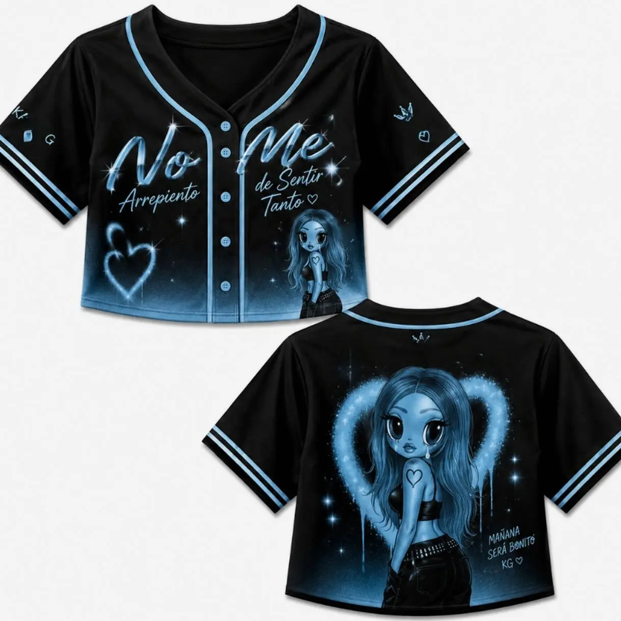 No Me Arrepiento Inspired Crop Top Jersey Women's Latin Music Graphic Button Up Shirt Blue Aesthetic Concert Outfit Festival Fashion Gift